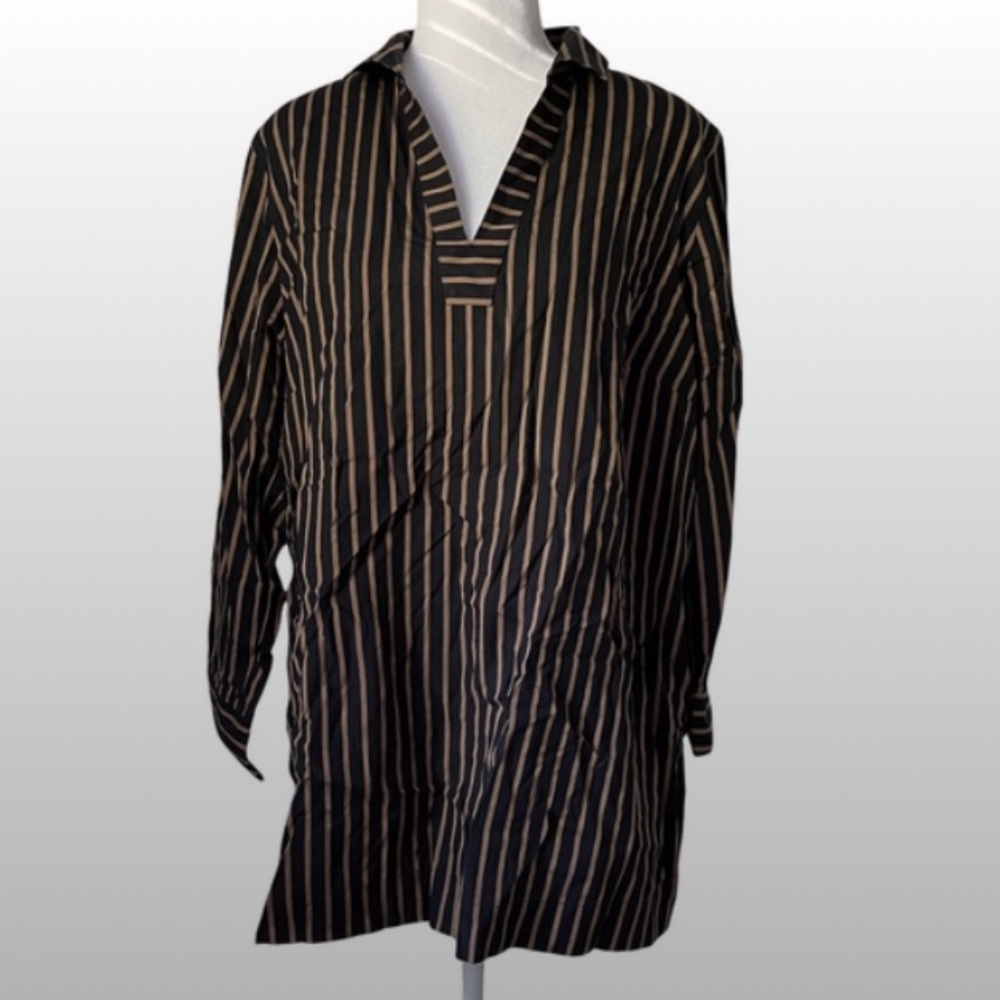 Coldwater Creek V-neck Black Tan Stripe Collared Stretch Boho Tunic Size Large